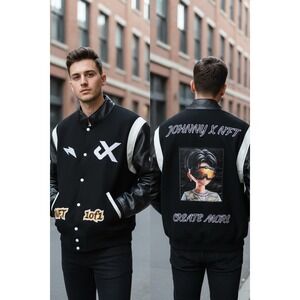 Clothoo Johnny X NFT Varsity Letterman Jacket XL Snap Front Wool Leather Coat